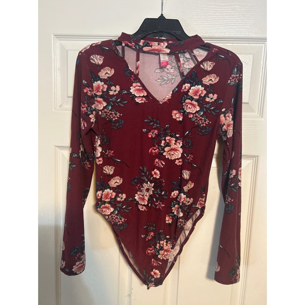 No Boundaries Burgundy Floral Choker V-Neck Long Sleeve Bodysuit Large 11-13‎